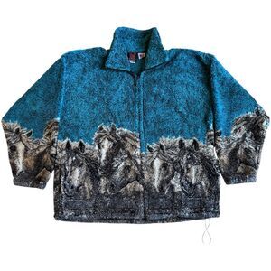 Vintage 90s Mazmania Fleece Jacket WILD HORSES Sz L USA AOP Deep Pile Teal Blue
